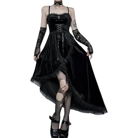 Women's Gothic Sexy Patchwork Velvet Slit Asymmetric Goth Dress - Picture 1 of 7